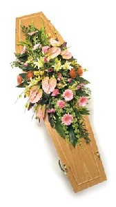 Casket Spray in Exotic Pink, Orange and Green