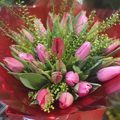 Pink & Red Tulip Hand Tied Bouquet